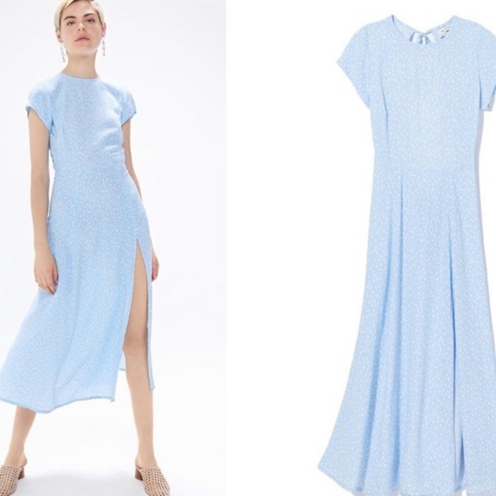 NWT BLUE XS Urban Outfitters Lindsey Cap-Sleeve Side-Slit Midi Dress